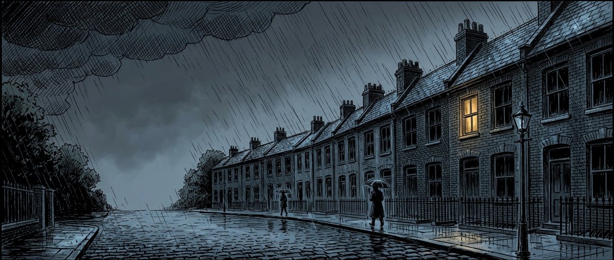 A rain-soaked street of terraced houses at dusk, one upstairs window lit gold